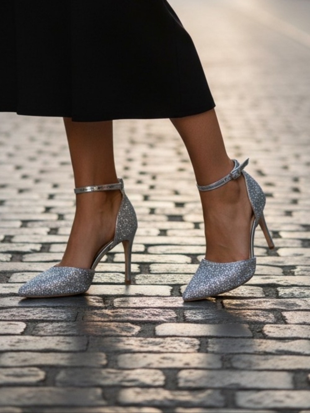 Silver Glitter Ankle-Strap Heels for Women
